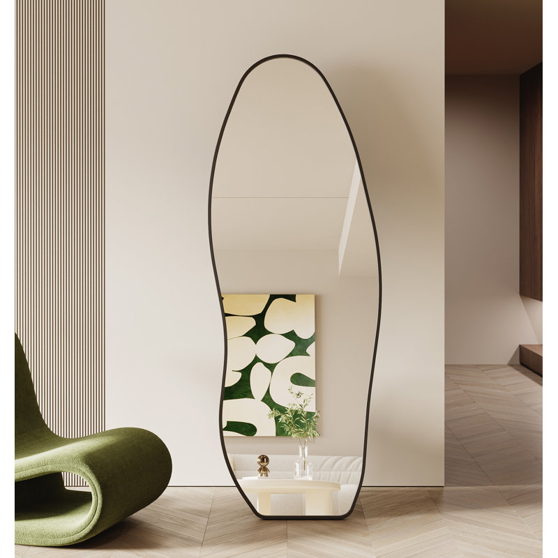 Irregular Full Length Mirror, 63"x24", Asymmetrical Black Aluminum Alloy Frame, Standing, Leaning or Wall Mounted for Bedroom, Living Room, Entryway