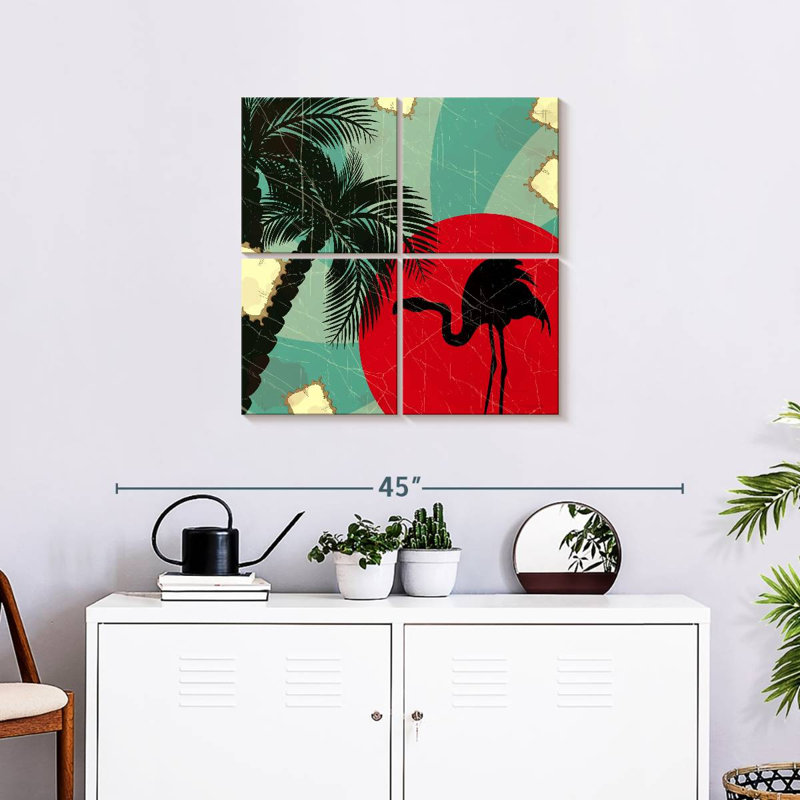 Flamant rose et palmier Brampt, H 26 po x l 26 po