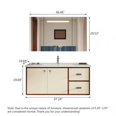 Meuble-lavabo mural bicolore en bois d'hévéa de style moderne du milieu du siècle, avec lavabo en céramique intégrée et armoire à miroir intelligent