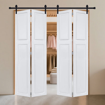 Dual 2Panel Cottagestyle bi-fold  door 3/4" thick 64 in. x 84 in. MDF White Barn Sliding Door With Hardware kit
