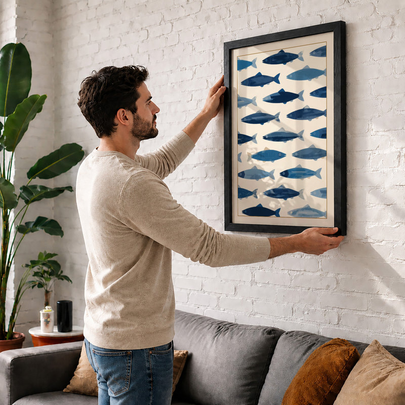 Swimming Fish Pattern Geometric - Framed Print, A3 - 42.0 x 29.7 cm, Oak