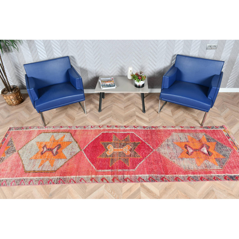 Tapis turc Herki fait à la main en rose, idéal pour les couloirs et les espaces de cuisine en laine avec un attrait rétro