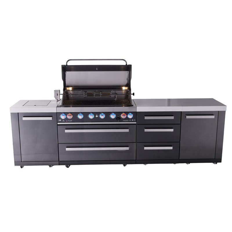 Mont Alpi Mai805-bssdr 6-burner 119" Premium Black Stainless Steel Outdoor Kitchen Island Gas Grill + Infrared Side & Rear Burners + Storage Drawers & Cabinets + Granite Countertops + Rotisserie Kit