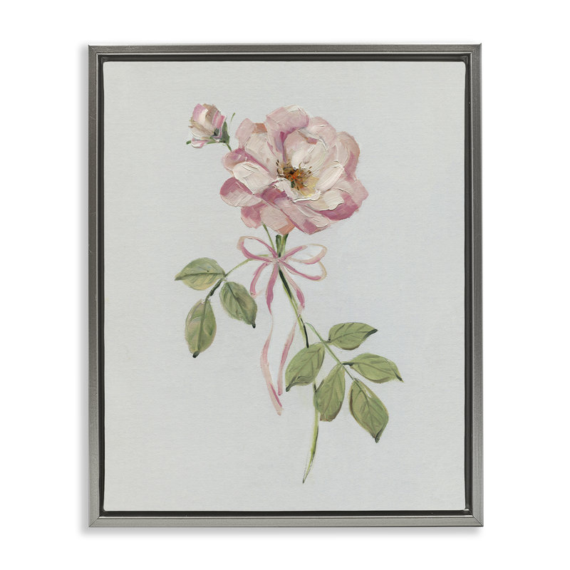 Zinnia rose avec ruban, Cadre flottant gris lustré, H 21 po x l 17 po