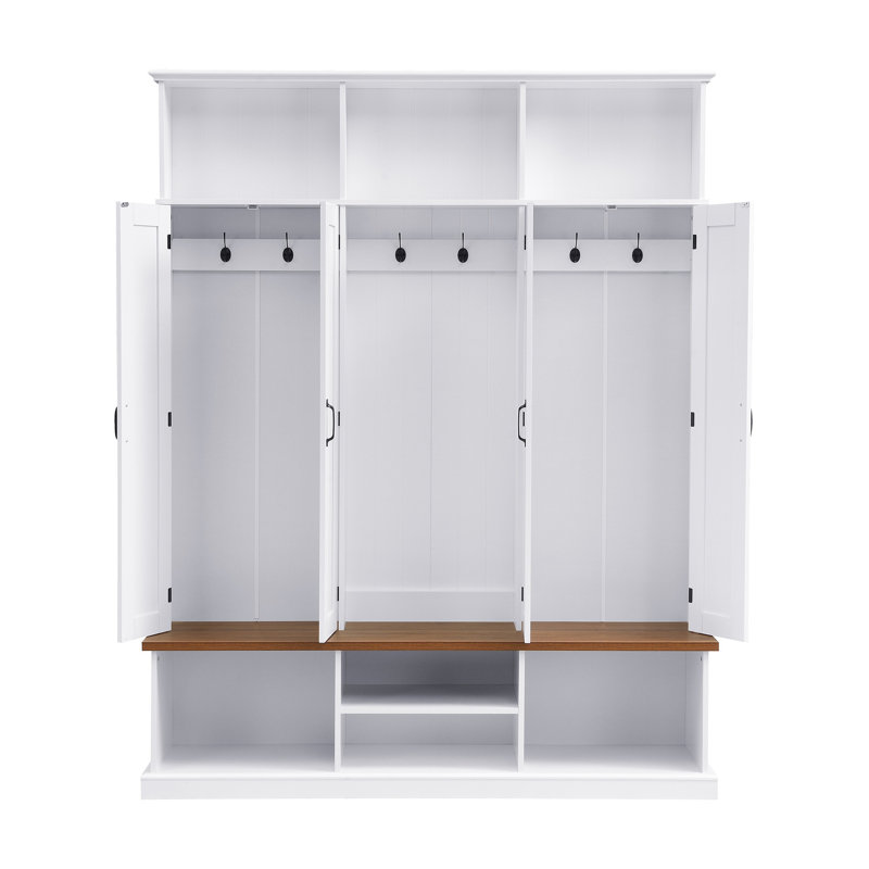 Farmhouse Entryway Hall Tree with Bench, 3 Top Cubbies & Bottom Storage Space, Farmhouse Coat Rack with Hooks & Cabinets for Entryway, Hallway, Mudroom, Living Room