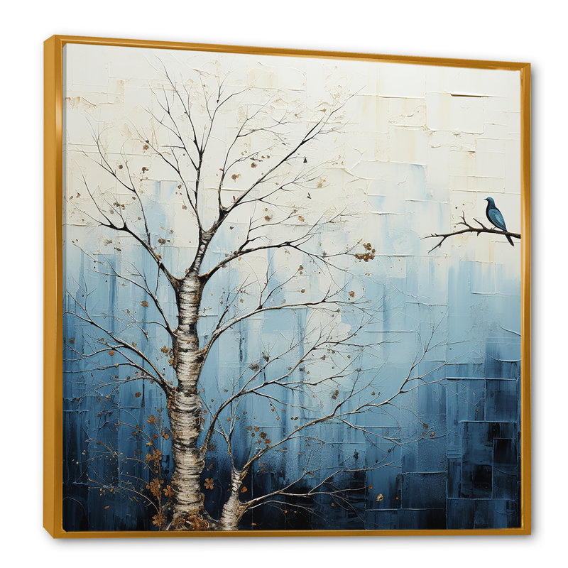 Minimalisme, arbre bleu, charme III sur toile, Cadre flottant doré, H 30 po x l 30 po x P 1 po