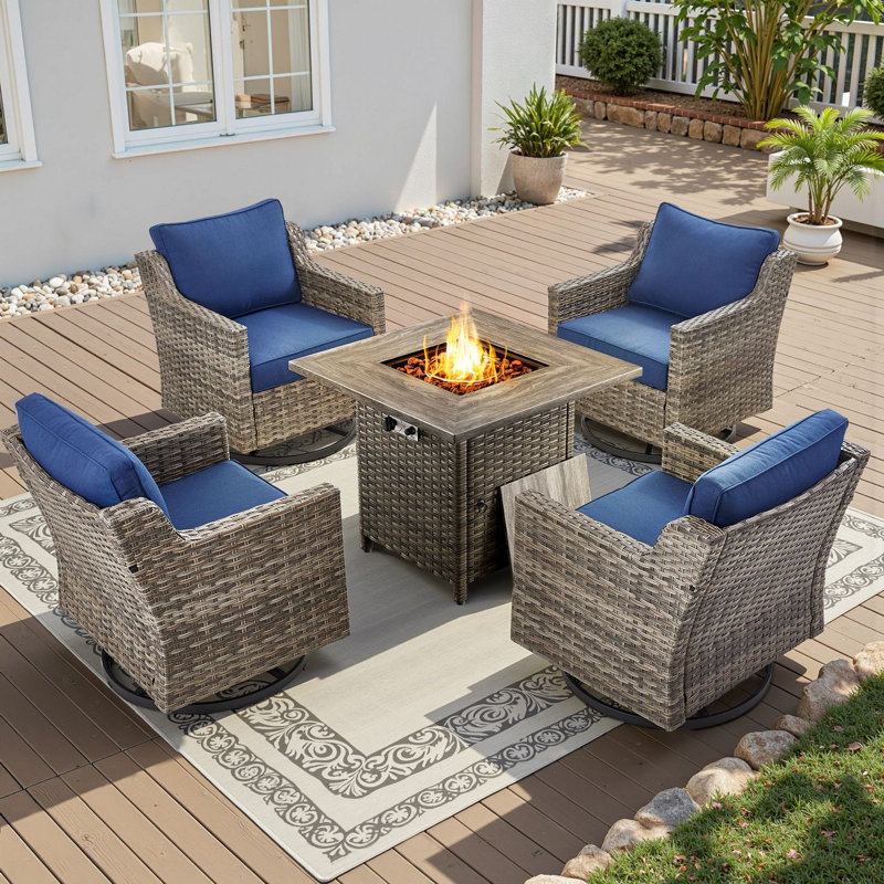 4 - Person Outdoor Conversation Furniture Set Seating Group With Fire Pit Table, Blue, 5 Pieces:4 Chairs, Fire Pit