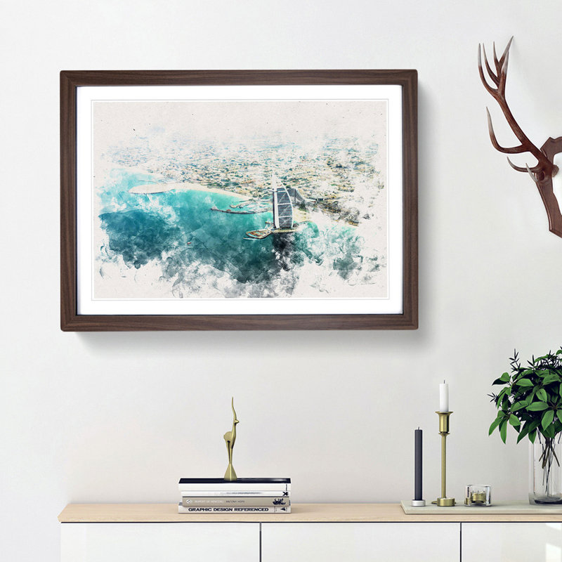 Burj Al Arab Hotel Dubai Skyline - Framed Print, 36cm H x 48cm W x 2cm D, Walnut Framed