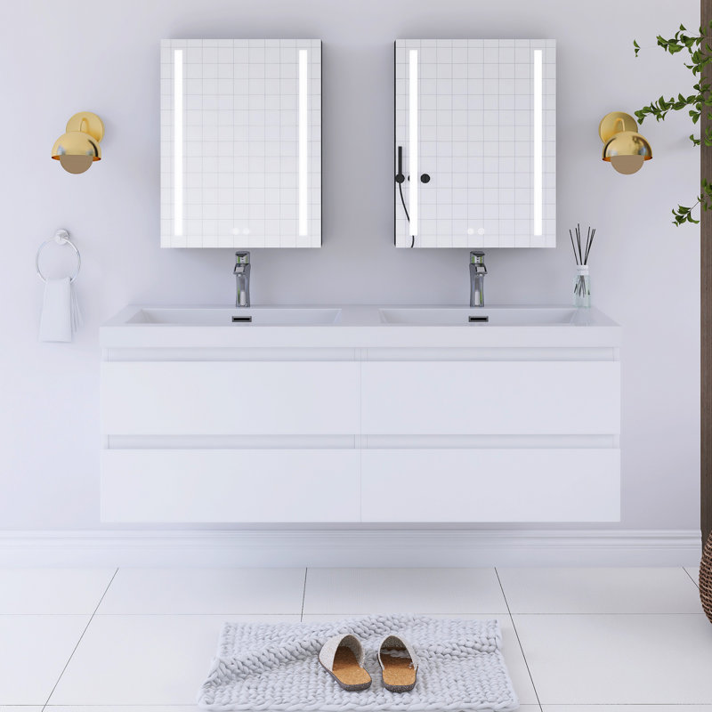 Meuble-lavabo mural double 59 po avec plateau en résine Macmaster, Blanc