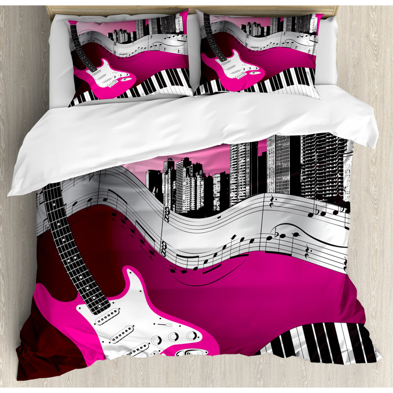 Hot Pink and Black Music Themed King Duvet Cover Set