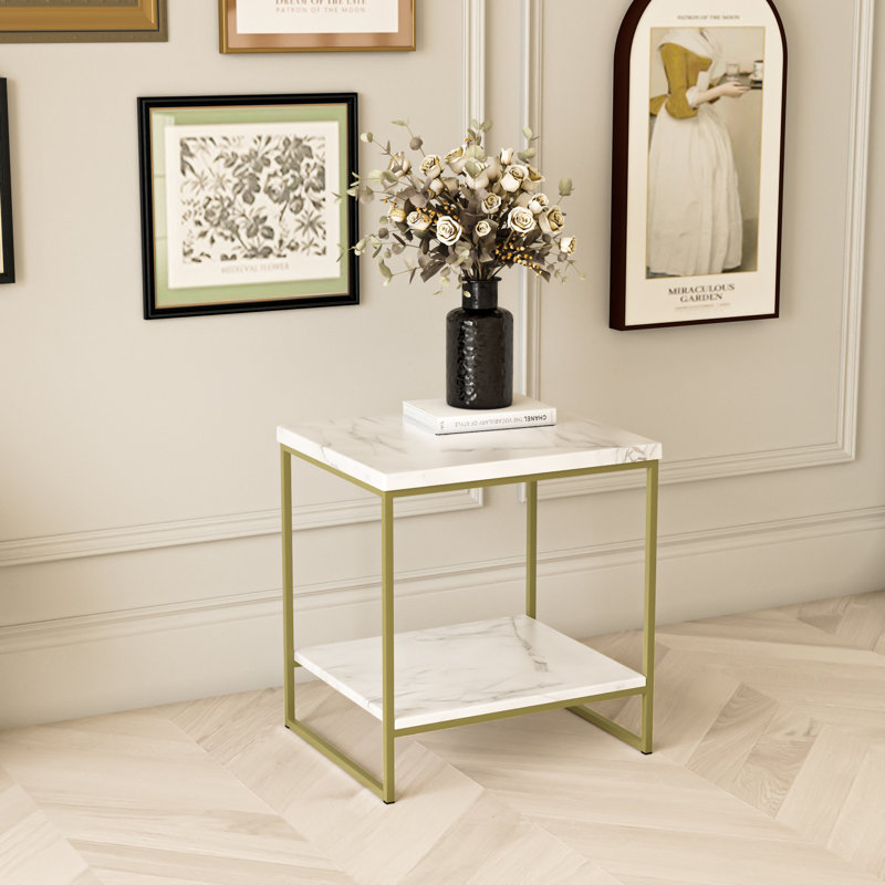Remzi   End Table, White Marble/Gold