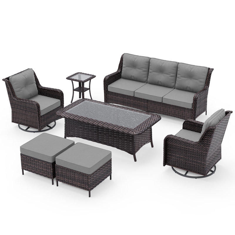 Ensemble de conversation de patio 7 pièces en osier toutes saisons avec chaises pivotantes et table basse en verre, Gris