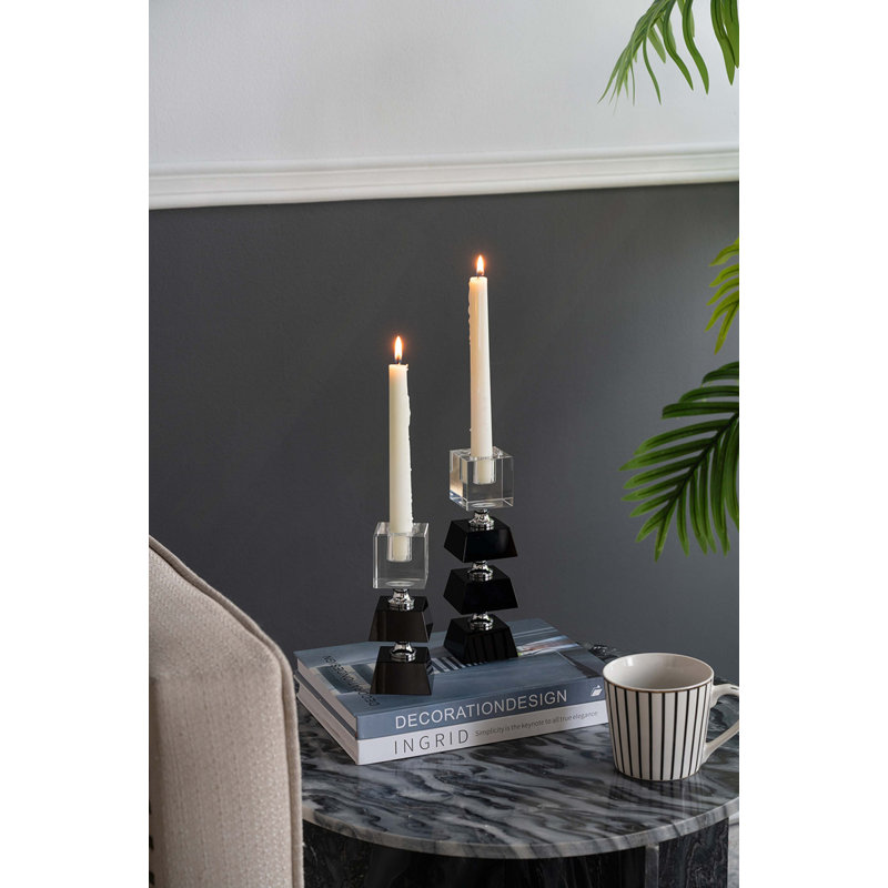 2.4x2.4x5.9" Black and Clear Two Tiered Square Candle Holder