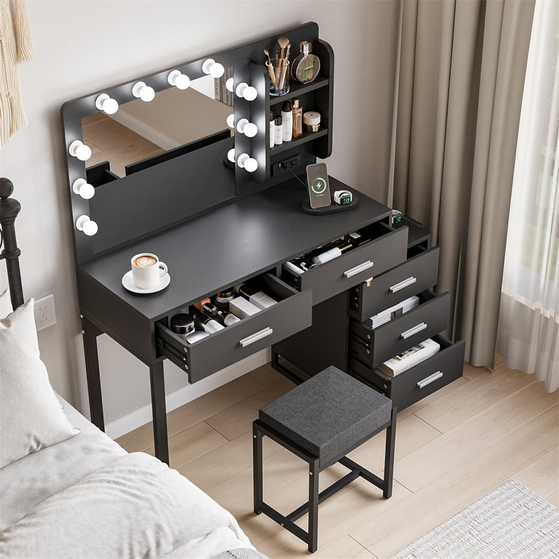 Bureau de coiffeuse avec multiprise, Noir antique