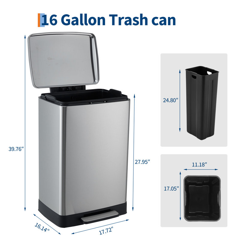 Poubelle à pédale en acier inoxydable 16 gallons / 60 L - Poubelle de cuisine grande capacité - Couvercle à fermeture en douceur - Seau intérieur amovible - Empreinte digitale et antirouille - Pédale mains libres - Argent