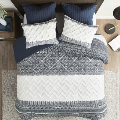 Édredon en coton double / grand. Chenille bleu marine. Remplir. 2 taies décoratives assorties. Literie attrayante lavable à la machine 3 pièces. Double / grand. Imprimez avec et moderne