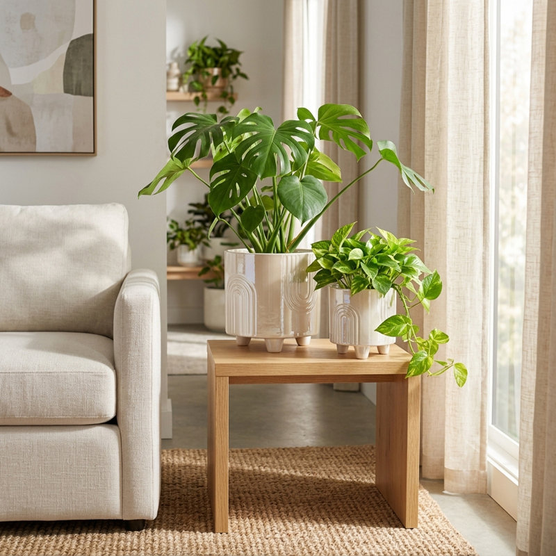 Jardinières rondes texturées à pieds en céramique pour la décoration intérieure - Pots de fleurs élégants pour le salon - ensemble de 2, 8 po, 6 po, ivoire et brun clair