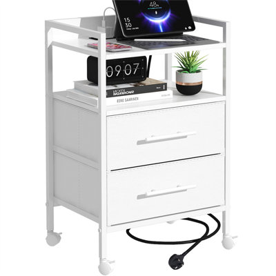 Bedside Table With Charging Station, Bedroom Side Table With 2 Fabric Drawers, Small Storage Sofa End Table With Open Shelf And 4 Wheels, Nightstand For Living Room, Hallway