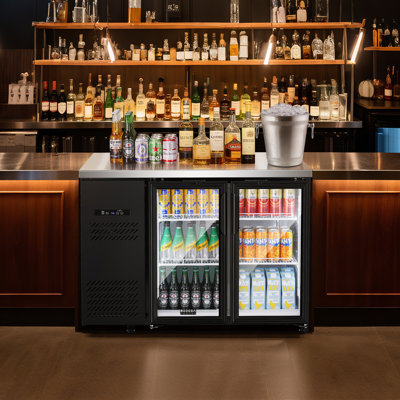 Bodegacooler 12 Cu.ft Commercial Bar Cooler With 2 Glass Doors, Stainless Steel Counter Height Beverage Refrigerator With Led Lighting, Adjustable Shelves & Wheels For Beer, Wine & Soda – Black/Silver