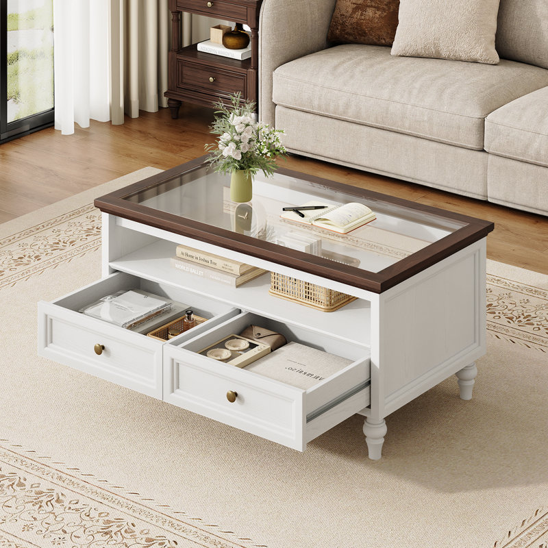 Table basse traditionnelle 39,3 po avec plateau en verre trempé, 2 tiroirs et tablette ouverte, White