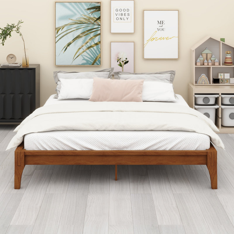 Base de lit plateforme en bois avec support en lattes de bois, Brun