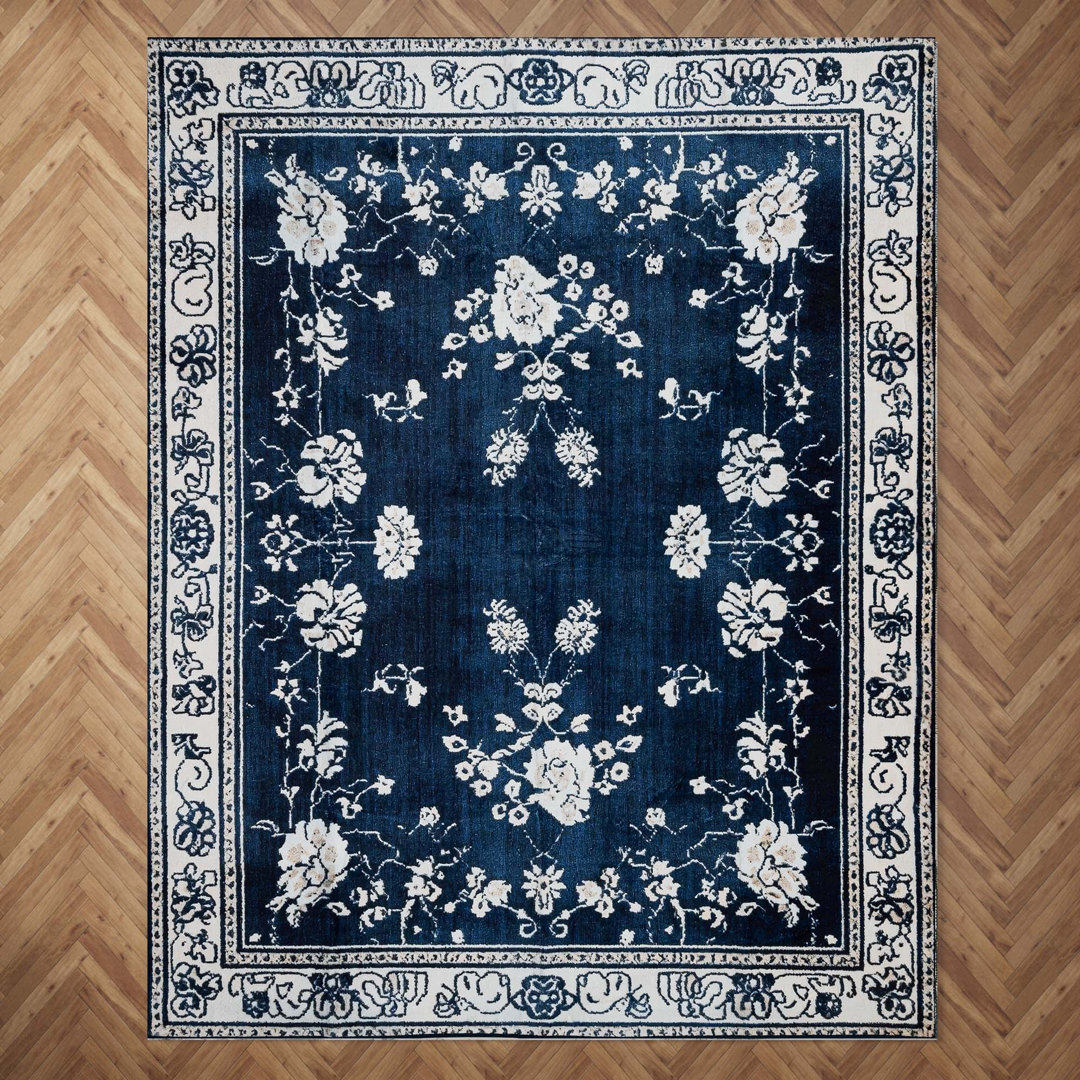 Non-Slip Floral Machine Washable Area Rug in Blue/Cream for Living Room, Bedroom, Hallway Runner Indoor Rugs Bungalow Rose Rug
