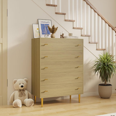 Commode 5 tiroirs, commode en bois avec poignées de bar, rangement pour commodes de chambre à coucher