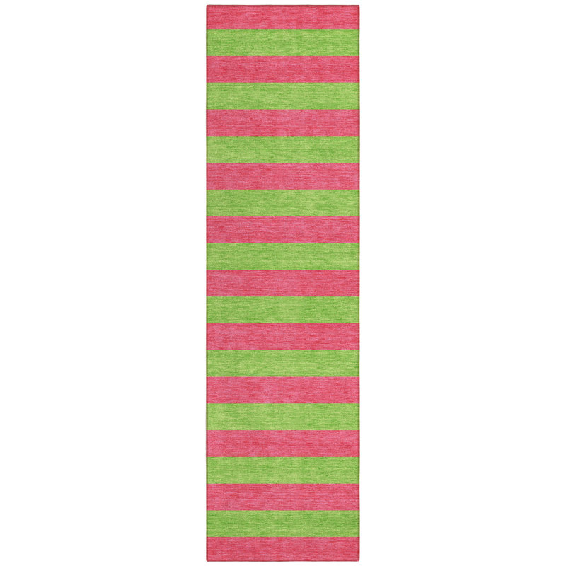 8' Runner Green and Red Striped Washable Non Skid Indoor Outdoor Runner Rug