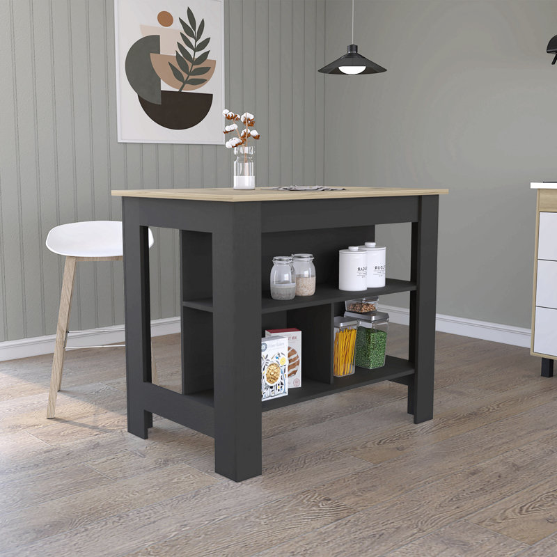 Îlot de cuisine, quatre pieds, trois tablettes, Noir / brun