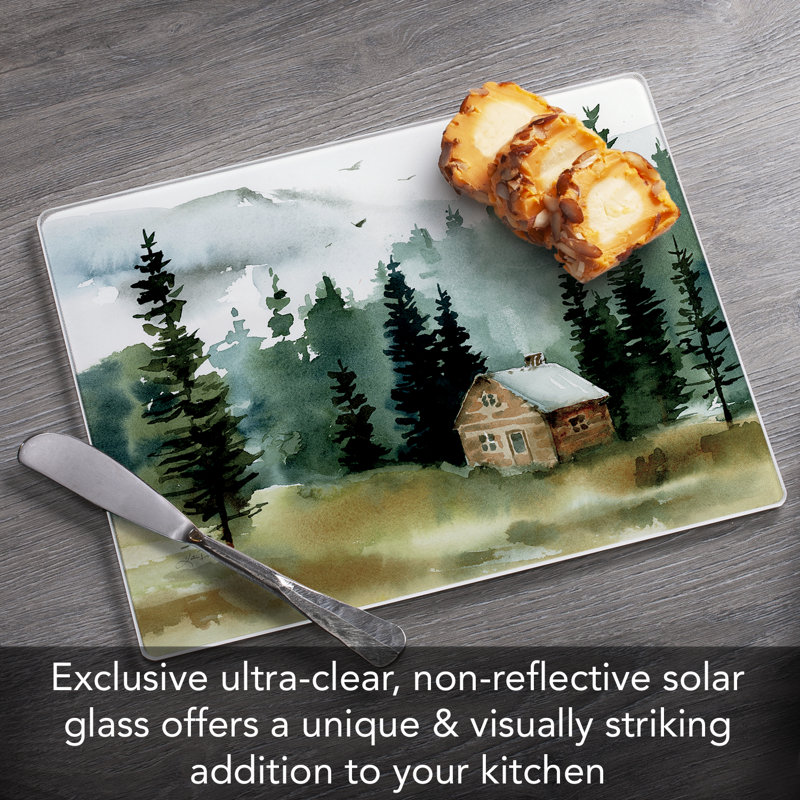 Rustic Cabin Scene Tempered Glass Cutting Board 10" x 8"