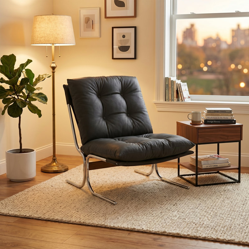 28.44" W Modern Faux Leather Accent Chair, Black