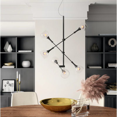 27"H Chandelier in Glass, Metal Black Adjustable