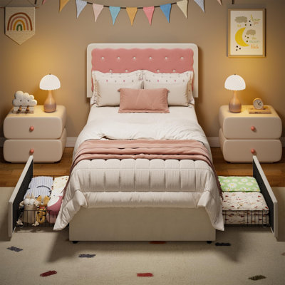 Twin Bed Frame with Biscuit Tufted Velvet Headboard, Cream White & Pink Upholstered Platform Bed with 2 Storage Drawers, Sturdy Wood Slats, No Box Spring Needed, Easy Assembly