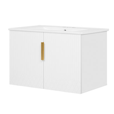 Meuble-lavabo de salle de bain vintage 30 po avec lavabo en céramique, lavabo simple en céramique à 3 trous, meuble-lavabo avec 2 portes à fermeture douce