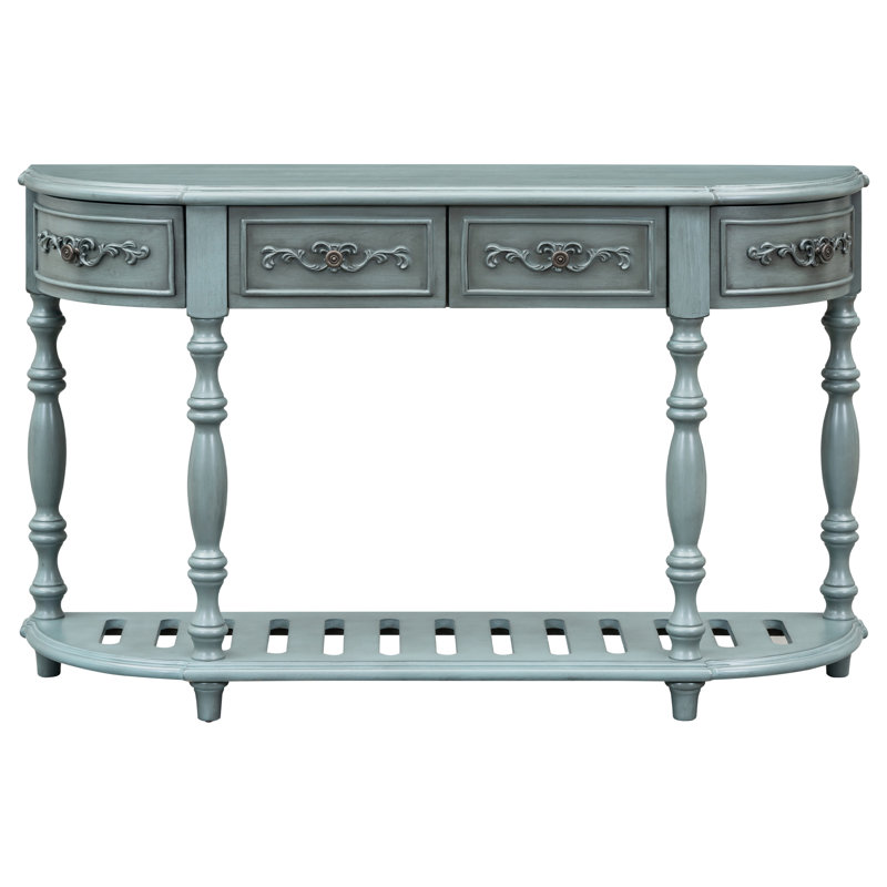 Console pour salon, 4 tiroirs, 1 tablette, bleu antique et bois massif, combinaison moderne avec tablette à tiroirs, bois, pièce