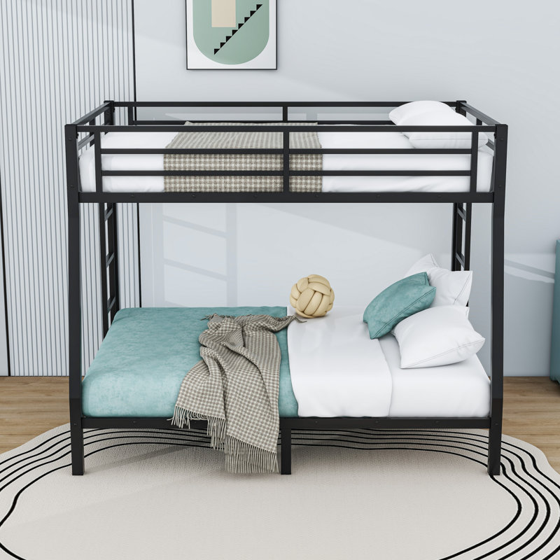 Metal Full XL Over Queen Bunk Bed With Dual Ladders And Guardrails, Noise-Free Design, Black