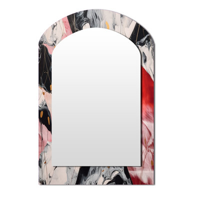 Rouge et noir Marble Whispers II - miroir arqué en marbre, miroir mural décoratif asymétrique rouge, impression d'art en métal