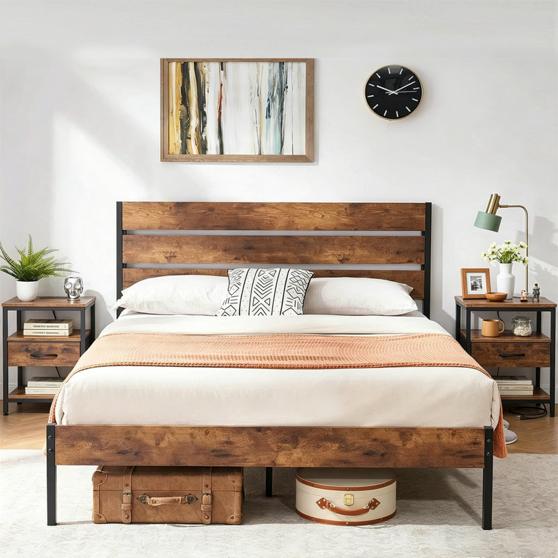 Platform Bed Frame With 2 Charging Nightstands, No Box Spring Needed, Sturdy & Noise-Free, Full