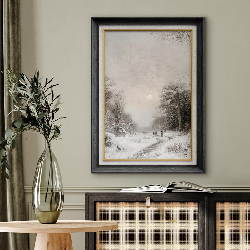 Sunrise Over Snowy Forest Path, reproduction d'art encadrée, Cadre noir, Pas de tapis