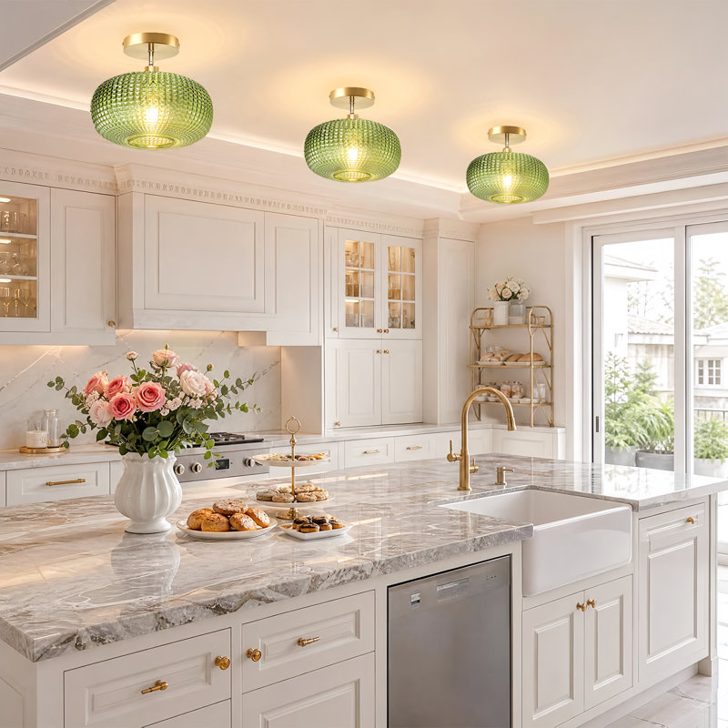 Plafonnier semi-encastré, luminaires de couloir, plafonnier en verre avec abat-jour vert, plafonnier de cuisine, plafonniers verts rétro, éclairage de plafond rétro pour porche d'entrée