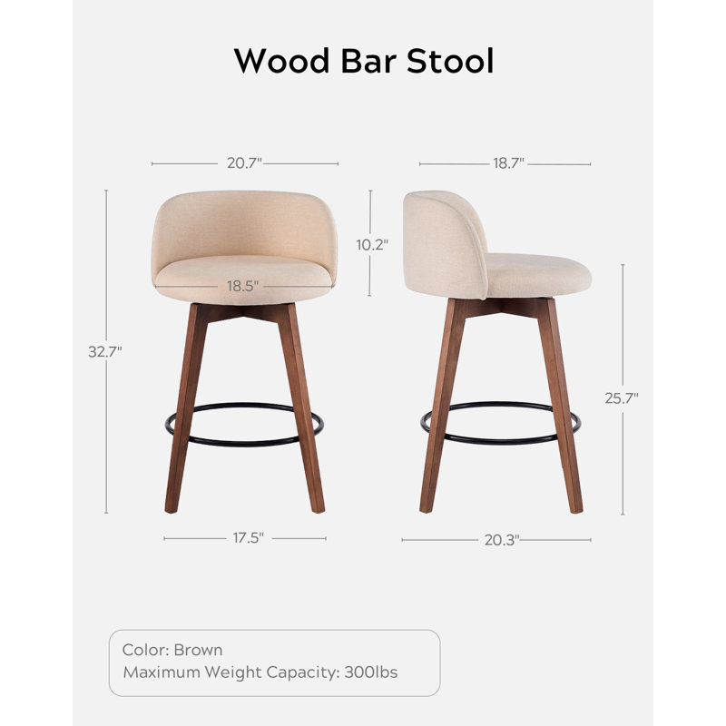 26" Counter Height Bar Stools With Chenille Fabric, Brown, 1