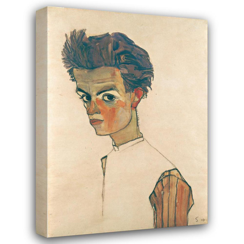 "Autoportrait avec une chemise rayée" par Egon Schiele - Art mural sur toile tendue avec châssis, H 18 po x l 14 po
