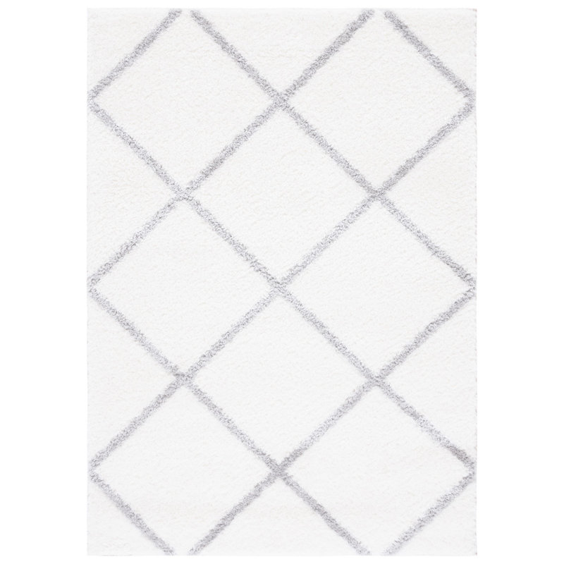Tapis géométrique tissé à la machine blanc / gris, Rectangle 5 pi x 7 pi