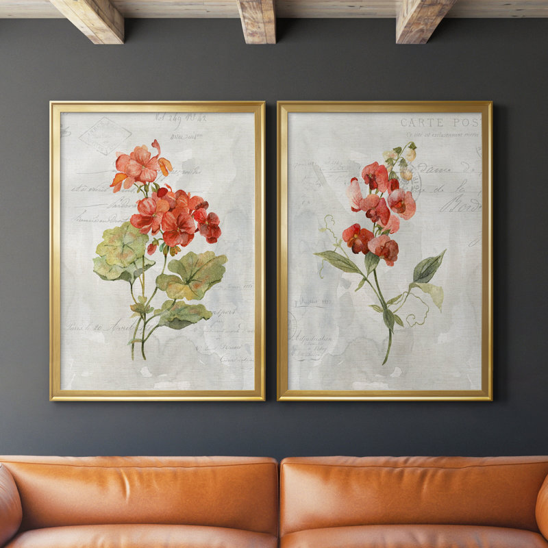 Lin géranium - ensemble de 2 peintures sur toiles, Toile avec cadre or, H 26,5 po x l 73 po x P 1,5 po