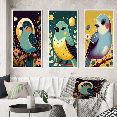 "Mignon oiseau bleu assis sur une branche" - 3 pièces sur toile