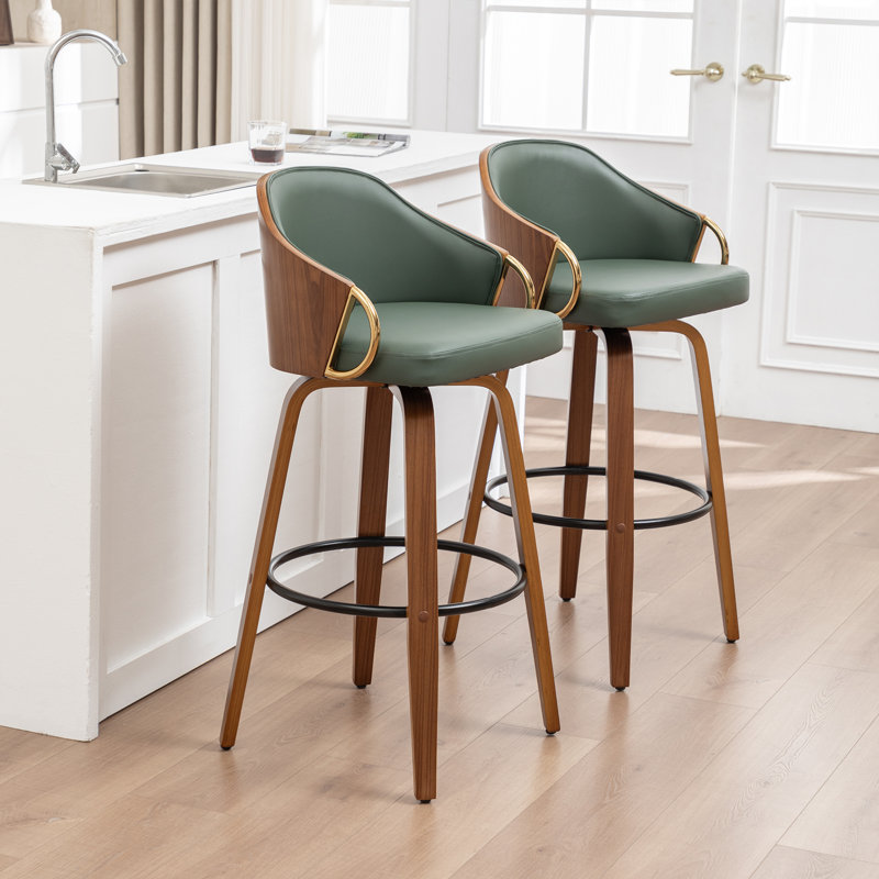 Ensemble de 2 tabourets de bar pivotants avec revêtement en polyuréthane et pieds en bois Mahtab, Vert