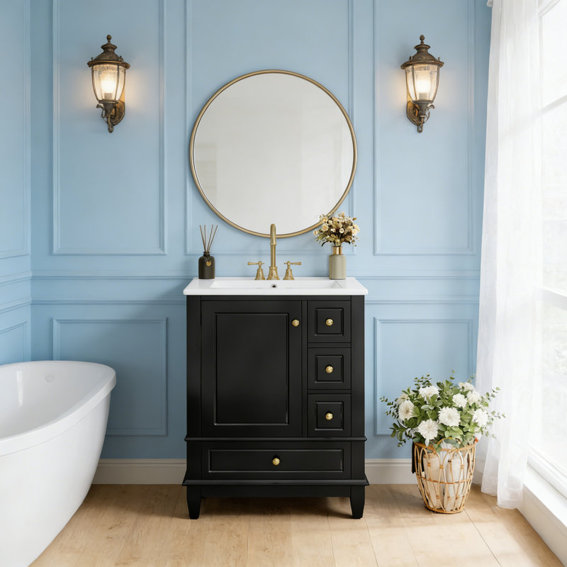 Meuble-lavabo 24 po avec lavabo, Noir, Doré
