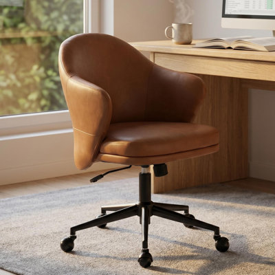 Mid-Century Modern Office Chair With Armrests Thick Padded Upholstered Faux Leather Task Chair Height Adjustable Swivel Desk Chair For Home Office Vanity Room