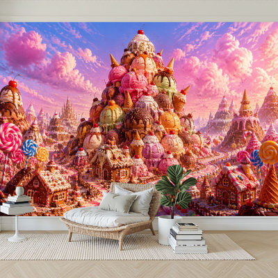 Wall Mural Peel and Stick Wallpaper Whimsical Candy Land Ice Cream Mountains Gingerbread Houses Self-Adhesive Removable Contact Paper Wall Decor for Living Room Bedroom 100"H x 144"W