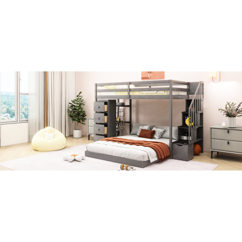 Twin Over Full Bunk Bed In Gray - Maximize Storage With 3-Layer Shelves, Drawers & Stairs Drawer Practical Versatile